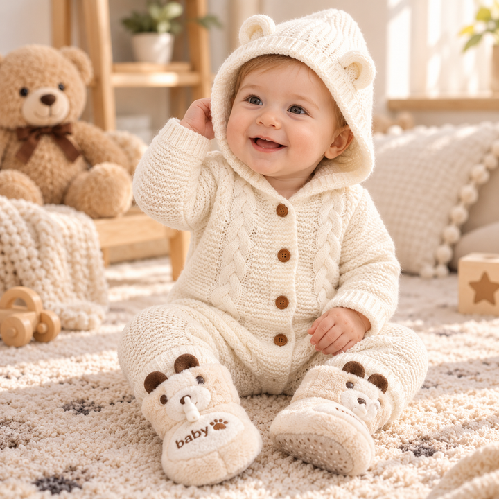 Baby seated in a white cable-knit jumpsuit with an ear-detail hood and front buttons