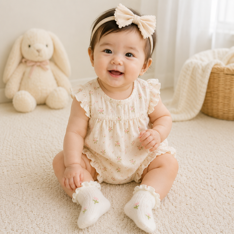 Baby in a floral romper wearing white socks with tiny flowers and ruffled cuffs.