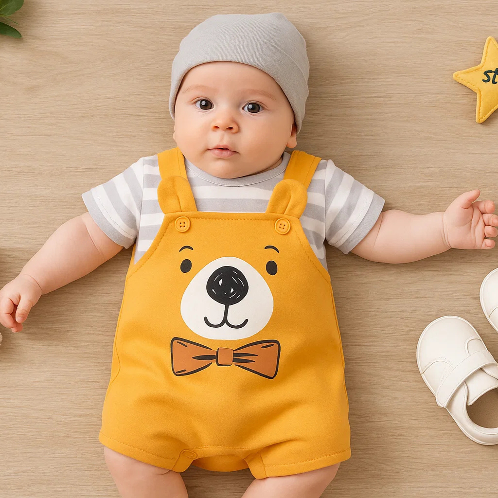 Baby wearing a yellow bear-design romper with gray-and-white striped short sleeves