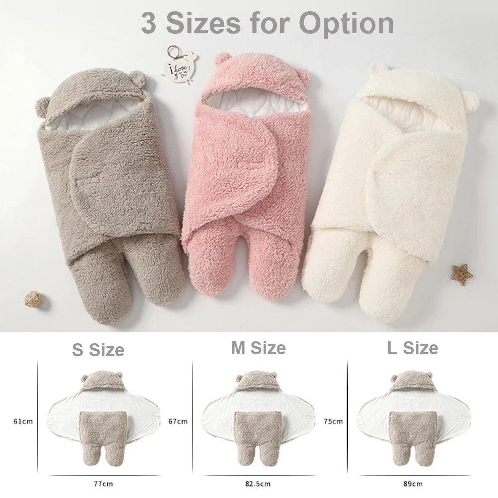 Size chart with gray, pink, and white baby wraps and measurements for S, M, and L.