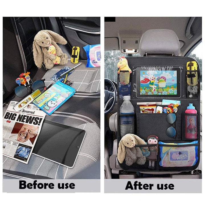 Loose items on a back seat beside a seat-back organizer holding a tablet, toys, and drinks