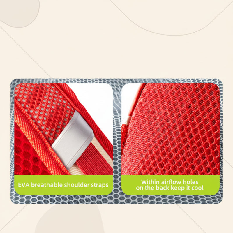 Close-ups of red mesh padding on a backpack shoulder strap and back panel