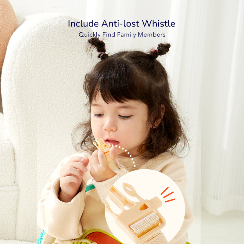Child using a whistle on a backpack strap, with a close-up of the buckle