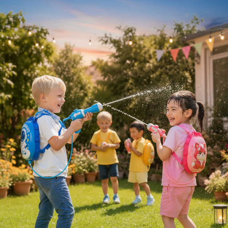 Children playing in a backyard with blue and pink backpack water blasters