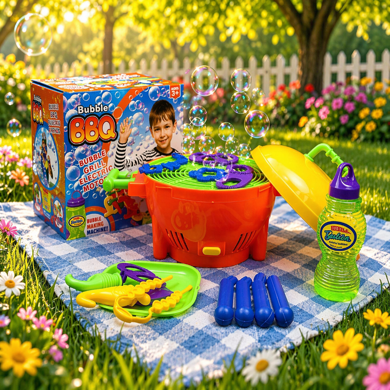 Bubble grill with its box, yellow lid, bubble solution, wands, and blue legs on a picnic blanket.