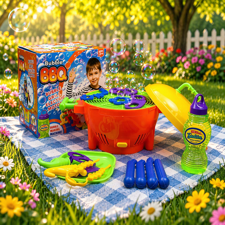 Bubble grill with its box, yellow lid, bubble solution, wands, and blue legs on a picnic blanket.