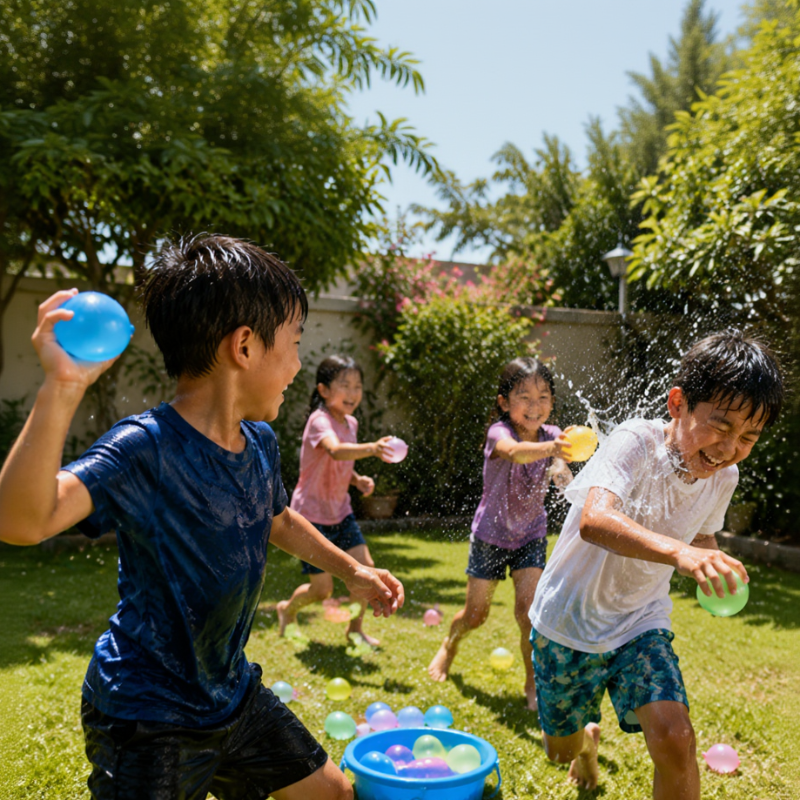 Children playing with water balloons around a blue basin in a backyard