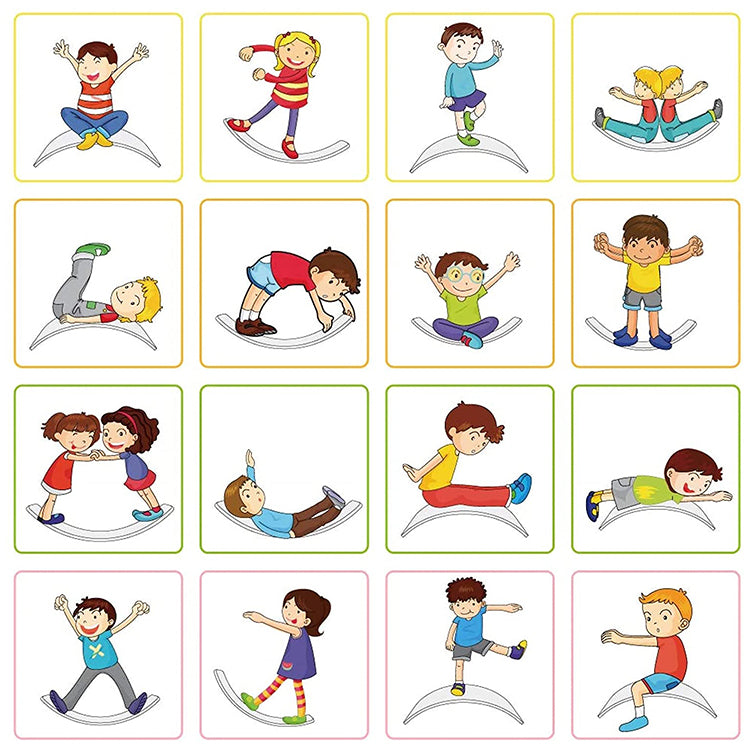 Illustrations of children rocking, balancing, sitting, and stretching on a curved board
