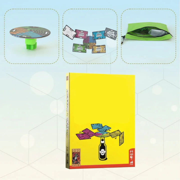 Yellow game box with inset views of the stopper disc, connected cards, and green storage pouch.