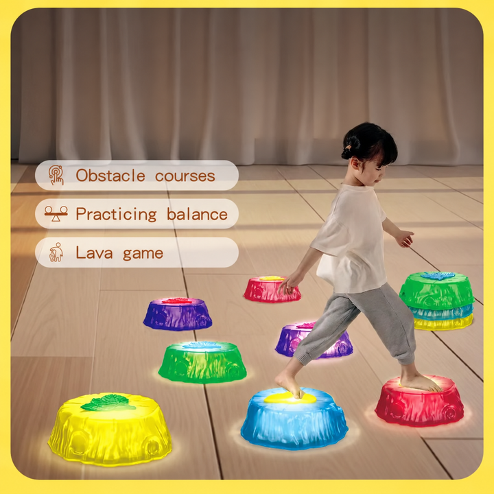 Child practicing balance on a colorful stepping-stone course indoors