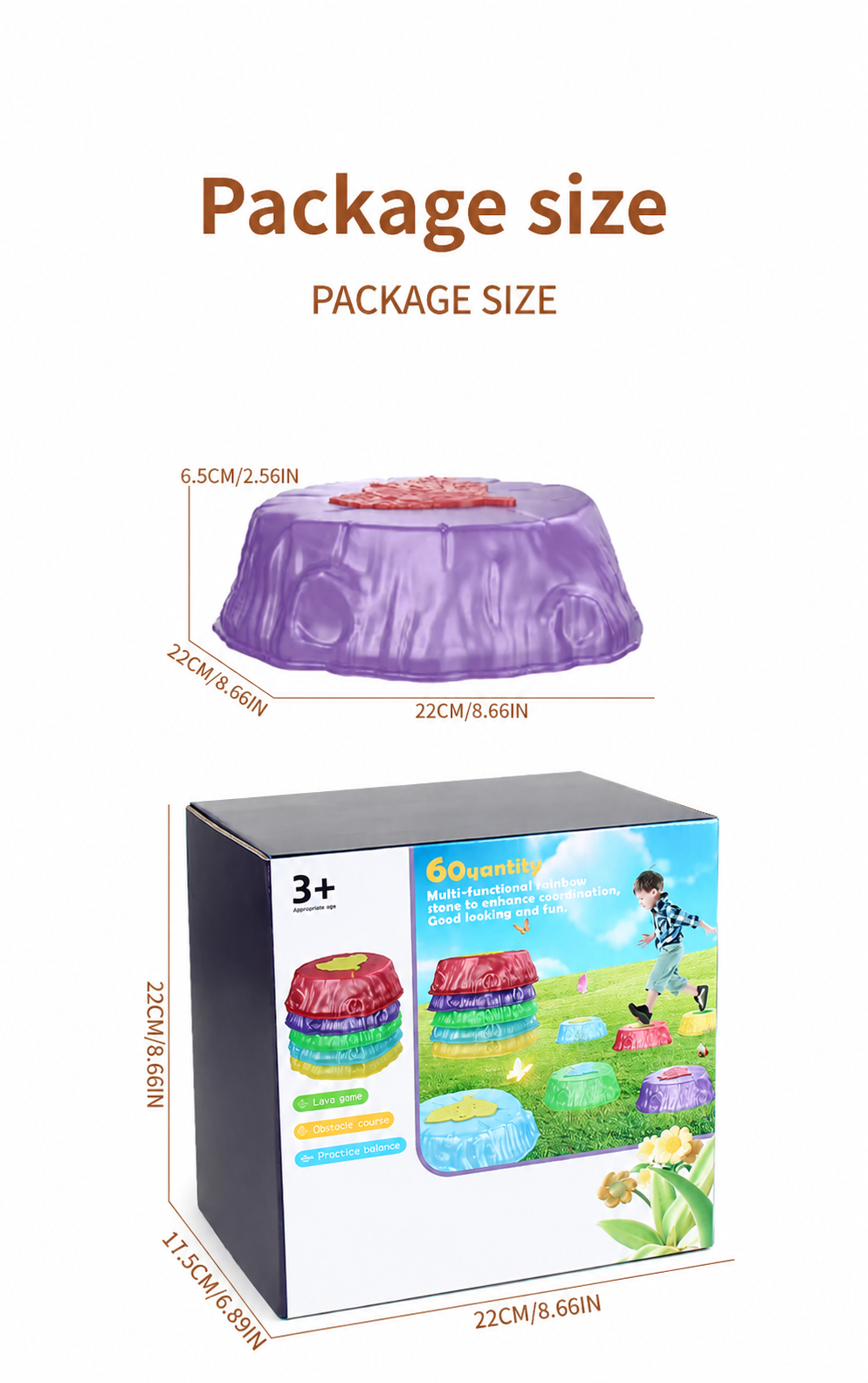 Measurement graphic showing a purple balance stone and its retail box