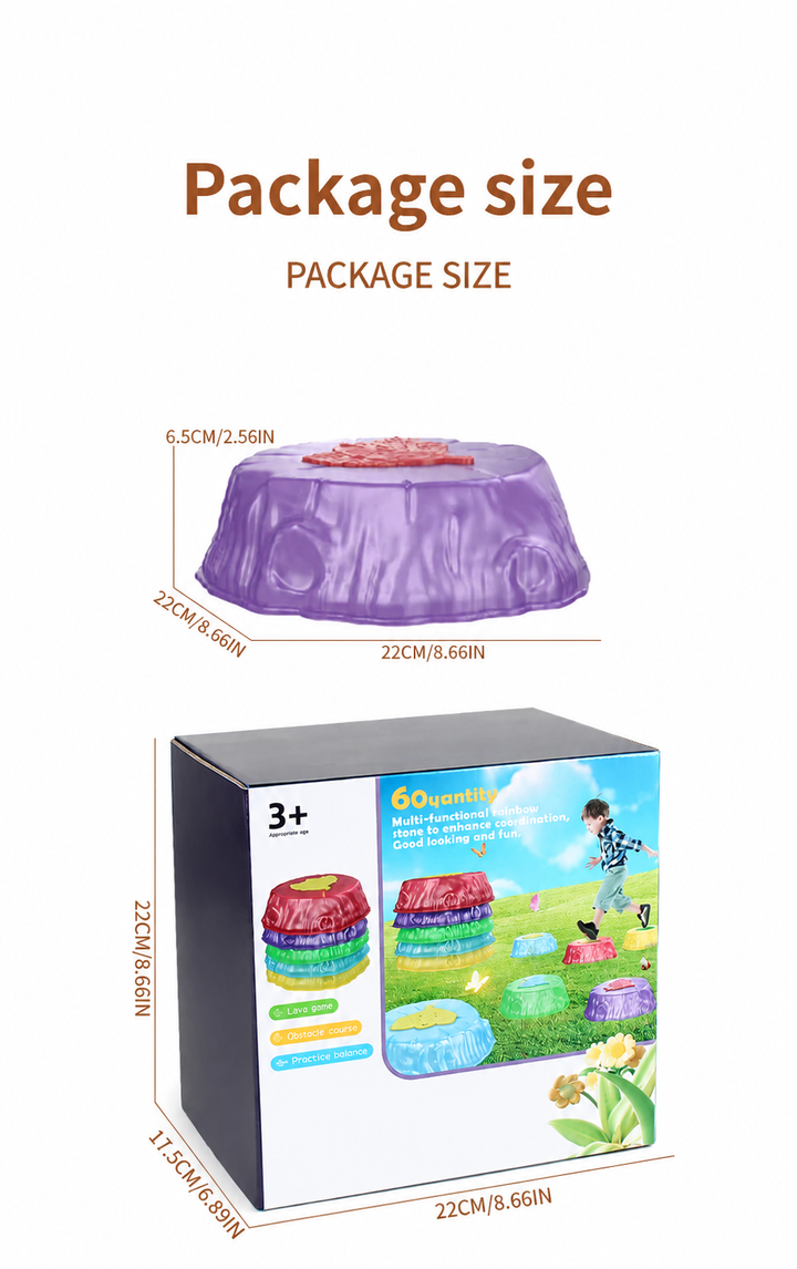 Measurement graphic showing a purple balance stone and its retail box