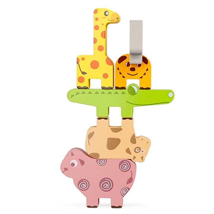 Wooden animal tower with a pig at the base, a cow, a crocodile, and a giraffe near the top