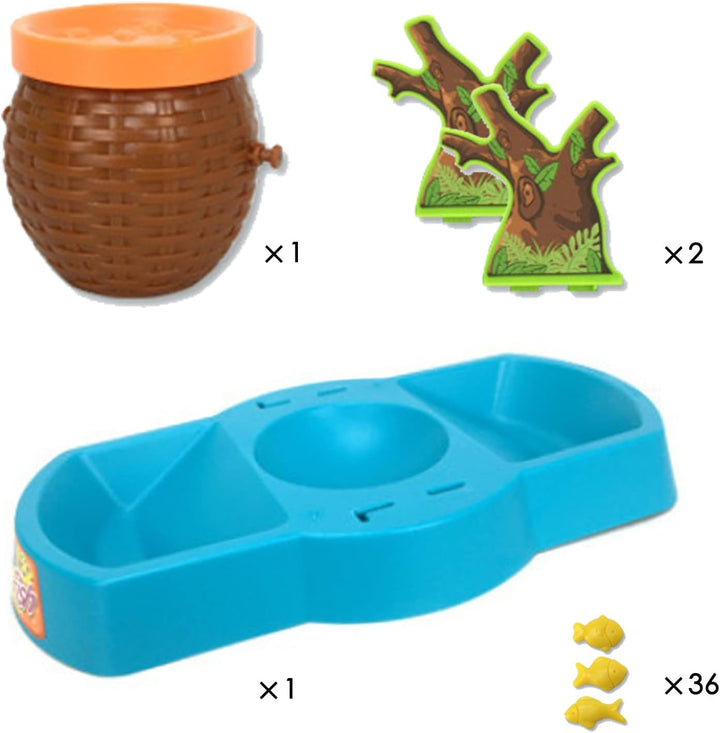 Game parts with one barrel, one blue tray, two tree-shaped supports, and 36 yellow fish