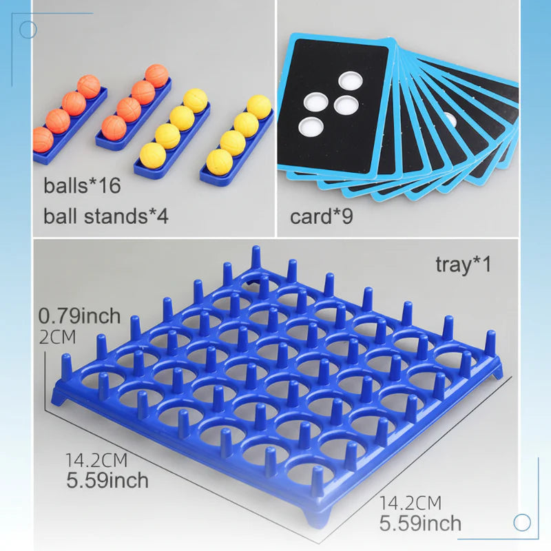 Game contents showing 16 balls, four ball trays, nine cards, and a board measuring 14.2 x 14.2 x 2 cm