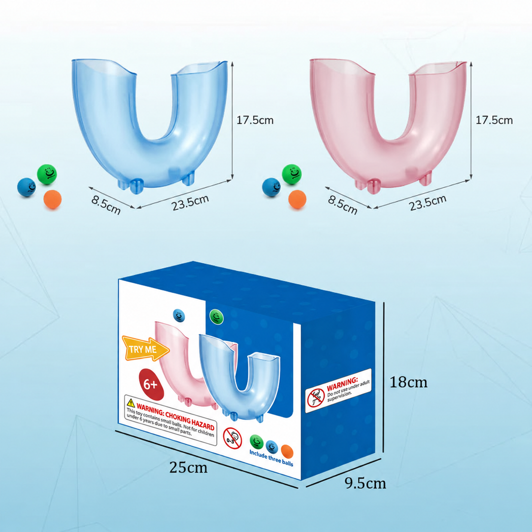 Light blue and pink ball skills tubes with product and packaging measurements in centimeters