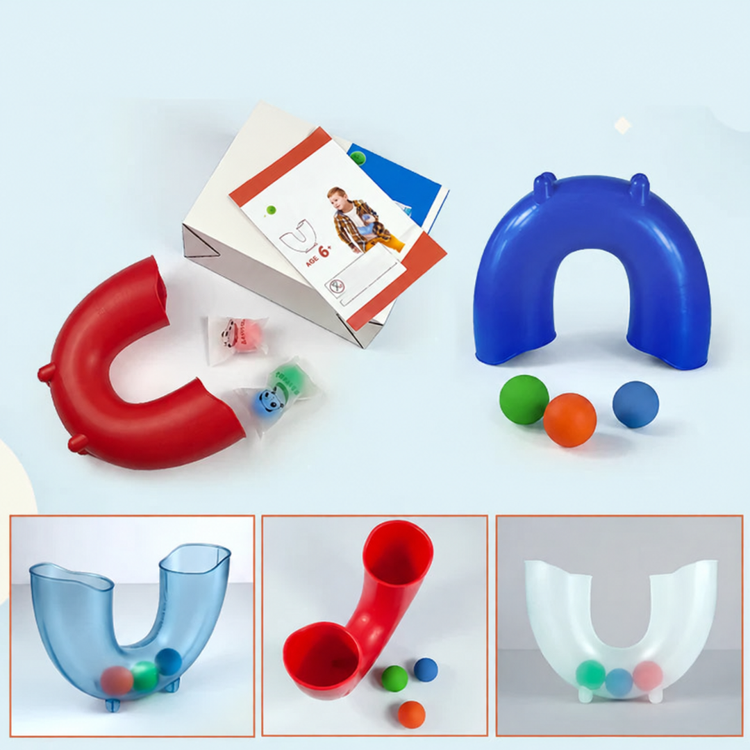 Red and blue U-shaped ball skills tubes with balls, packaging, and additional color examples