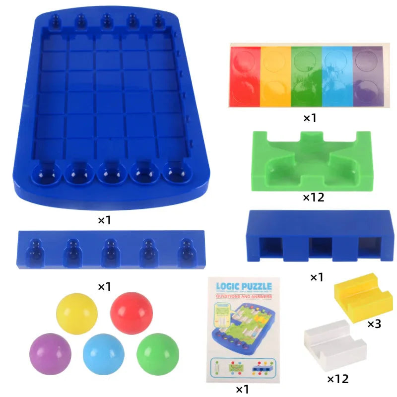 Maze puzzle components with a blue board, track pieces, colored balls, sticker sheet, and instructions