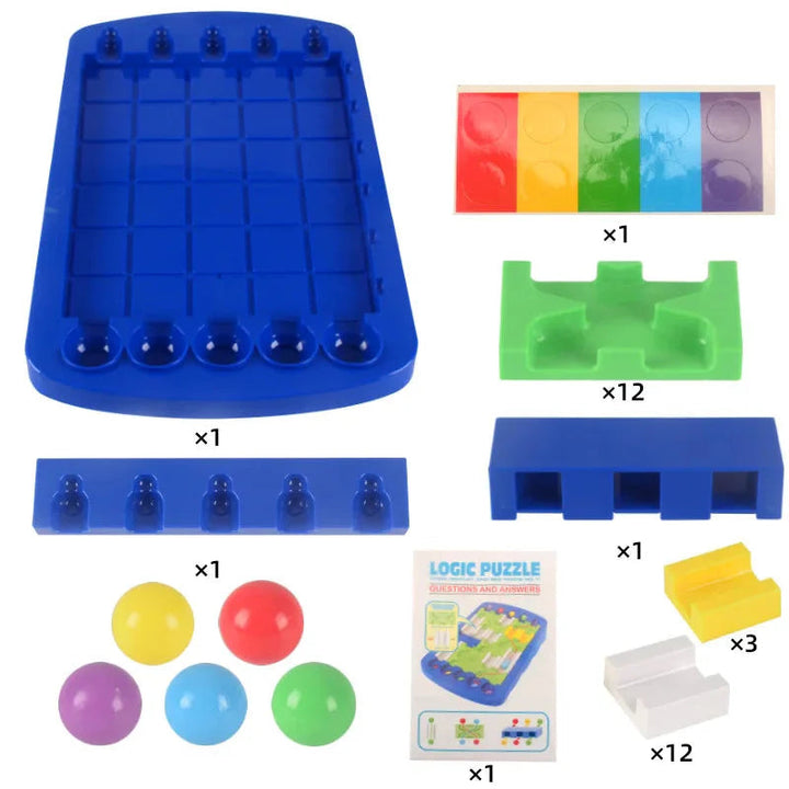 Maze puzzle components with a blue board, track pieces, colored balls, sticker sheet, and instructions