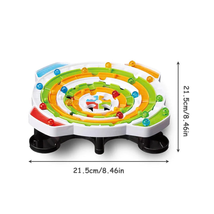 Measurement graphic showing the ball maze board at 21.5 x 21.5 cm.