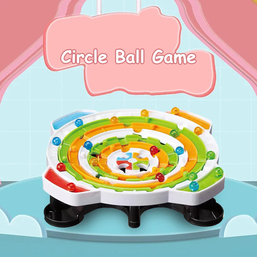 Circular ball maze displayed against a pink and blue background.