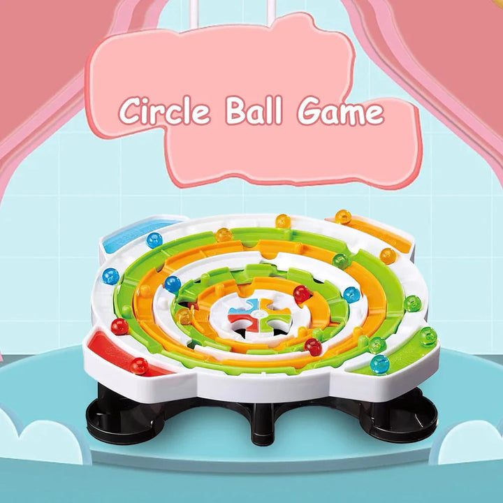 Circular ball maze displayed against a pink and blue background.