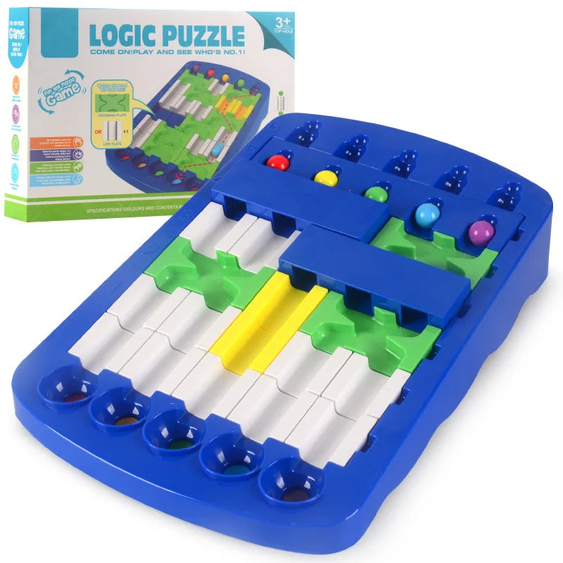 Blue maze puzzle with crosswise blue barriers, green and white tracks, yellow pieces, and colored balls