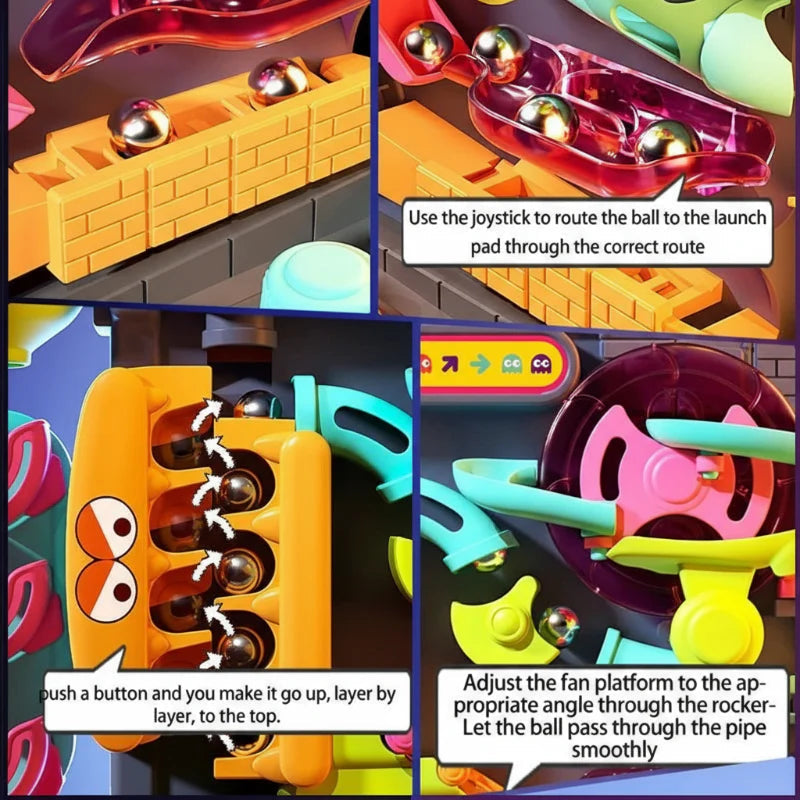 Three close-ups showing the ball-launch track, button-operated lift, and tilting platform