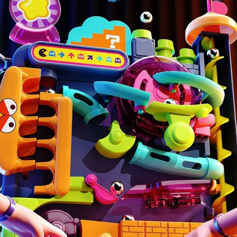 Close-up of curved ramps and the central wheel on the multicolor ball track