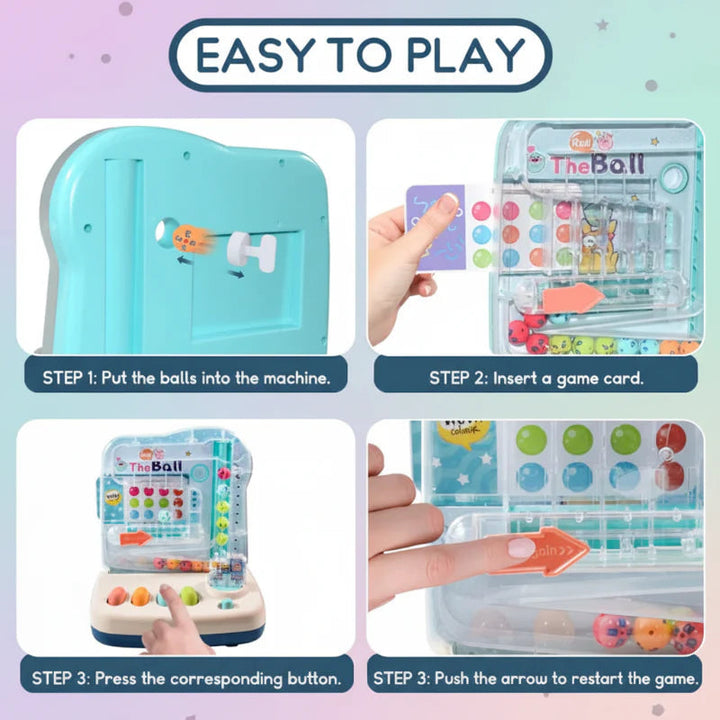 Four steps showing ball loading, card insertion, button play, and arrow reset