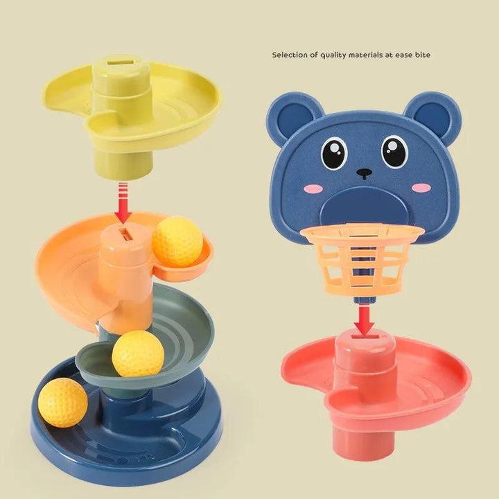 Assembly diagram showing stacked track sections and a blue bear basket topper