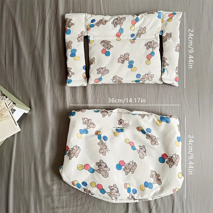 Balloon-bear seat and backrest cushions laid flat with 36 cm width and 24 cm height measurements
