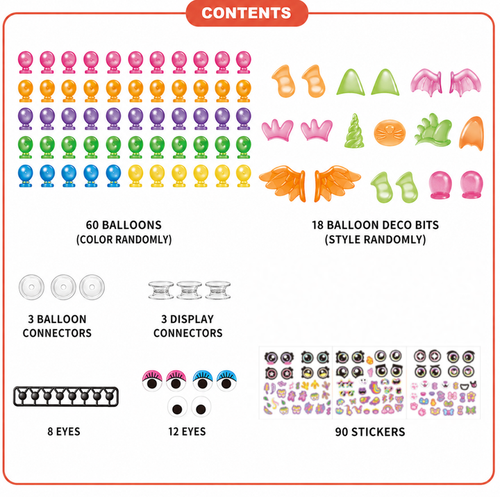 Contents chart showing 60 balloons, 18 decorations, connectors, eye pieces, and 90 stickers