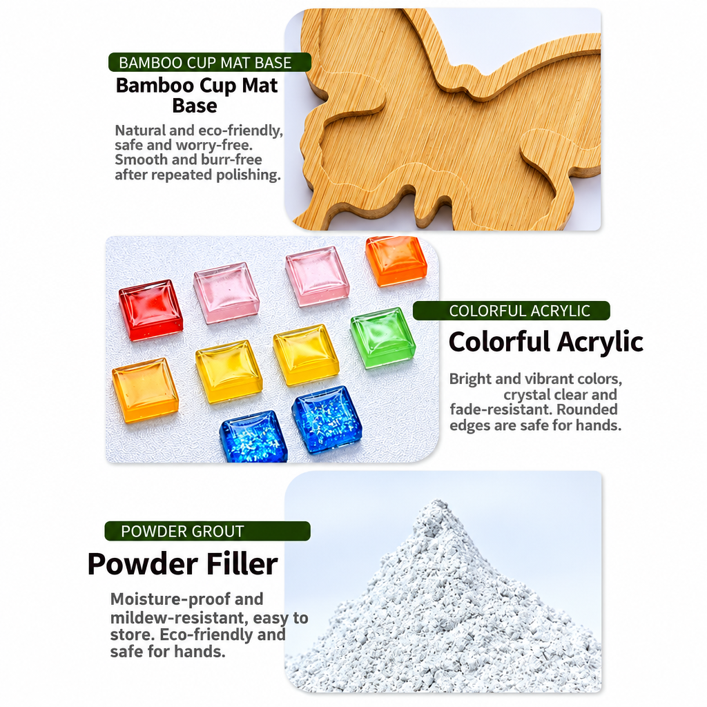 Bamboo coaster base, colorful acrylic tiles and powdered joint filler shown as kit materials