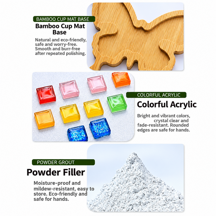 Bamboo coaster base, colorful acrylic tiles and powdered joint filler shown as kit materials