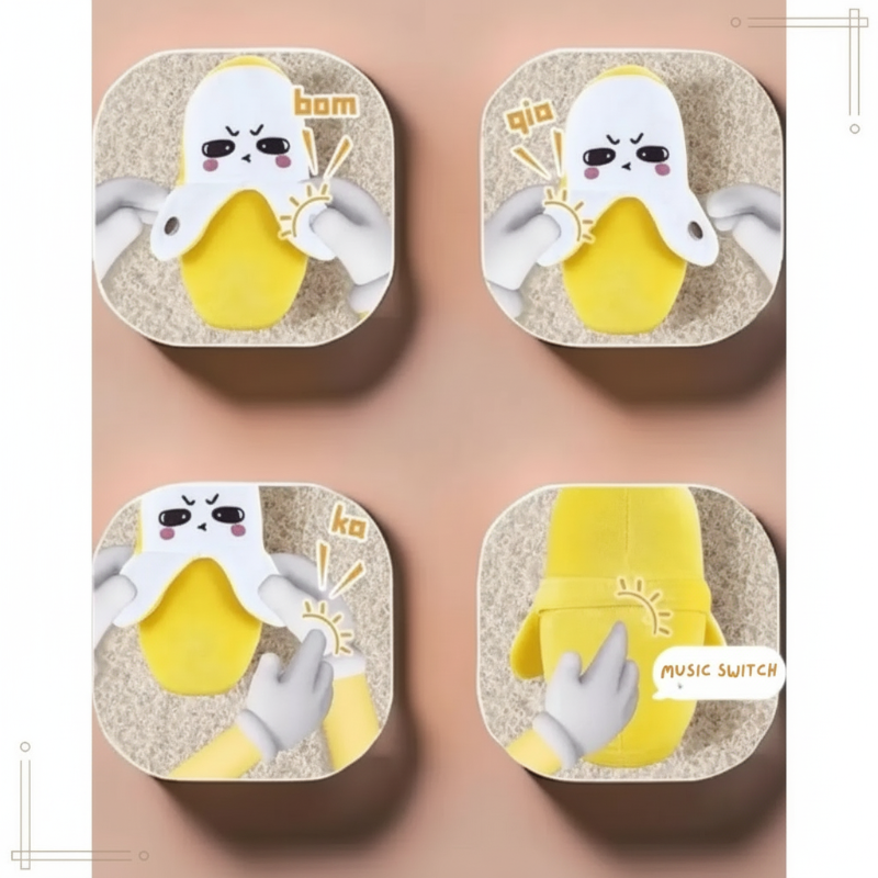 Four-panel view showing the banana plush piano's touch controls and music switch