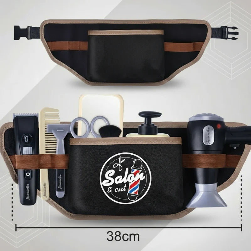 Barber tool belt holding pretend styling tools, with its front width marked as 38 cm