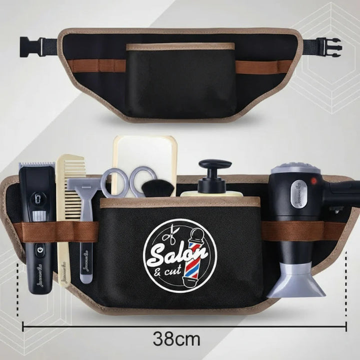 Barber tool belt holding pretend styling tools, with its front width marked as 38 cm