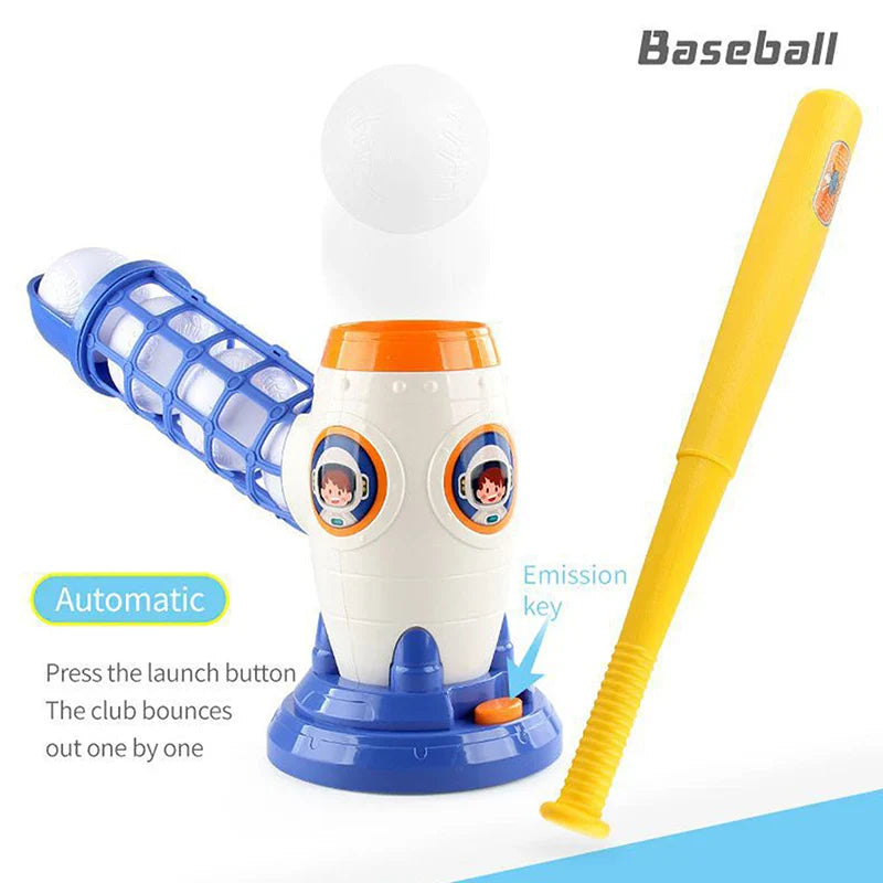Baseball pitching machine with a yellow bat and an arrow pointing to the orange launch button