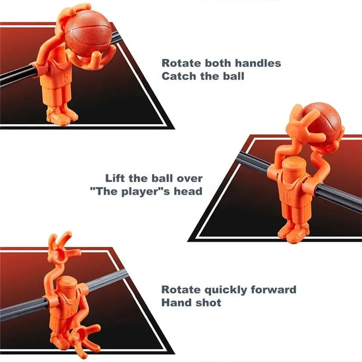 Three-step guide showing a basketball player figure catching, lifting, and shooting a ball