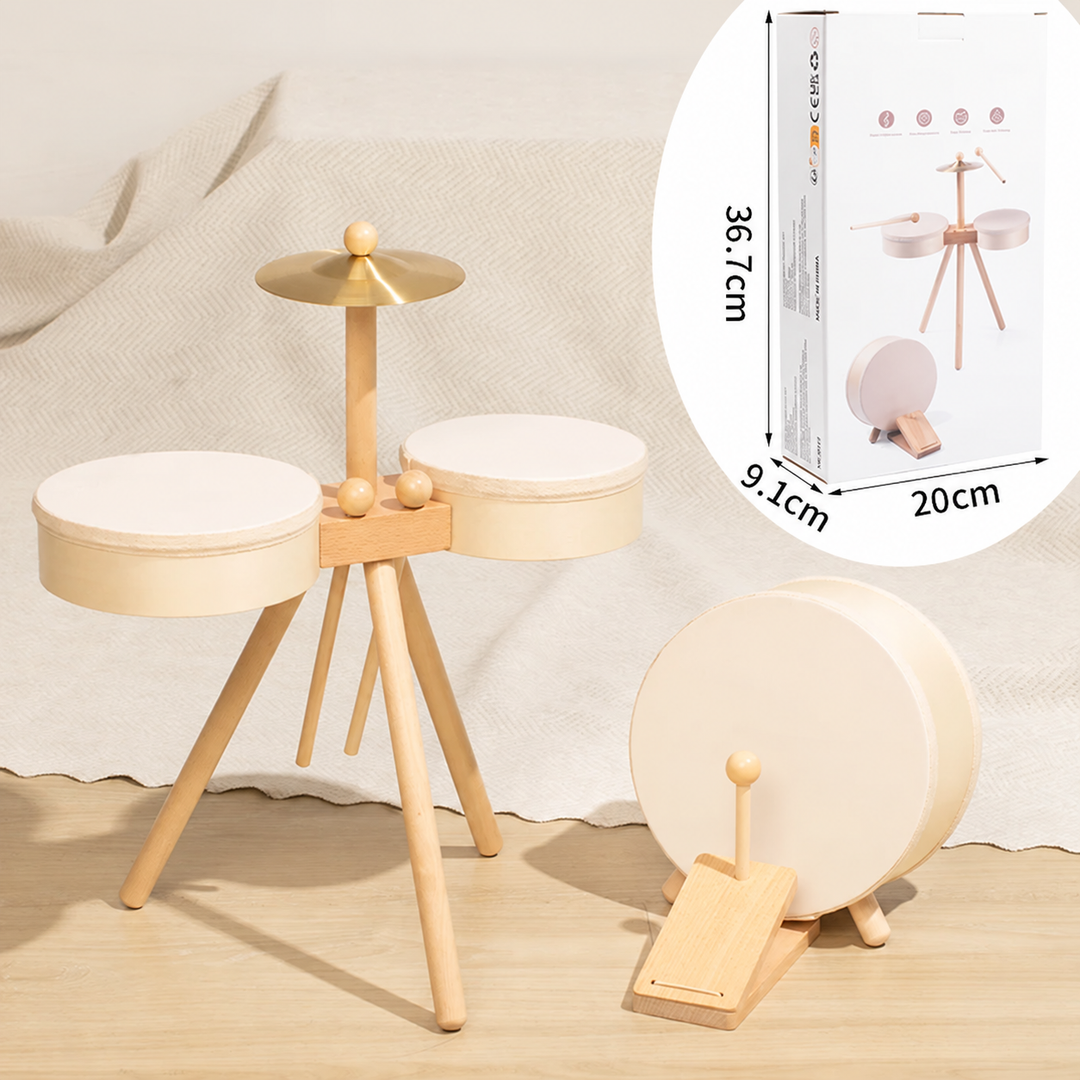 Wooden drum set with bass drum and pedal beside a diagram showing box dimensions