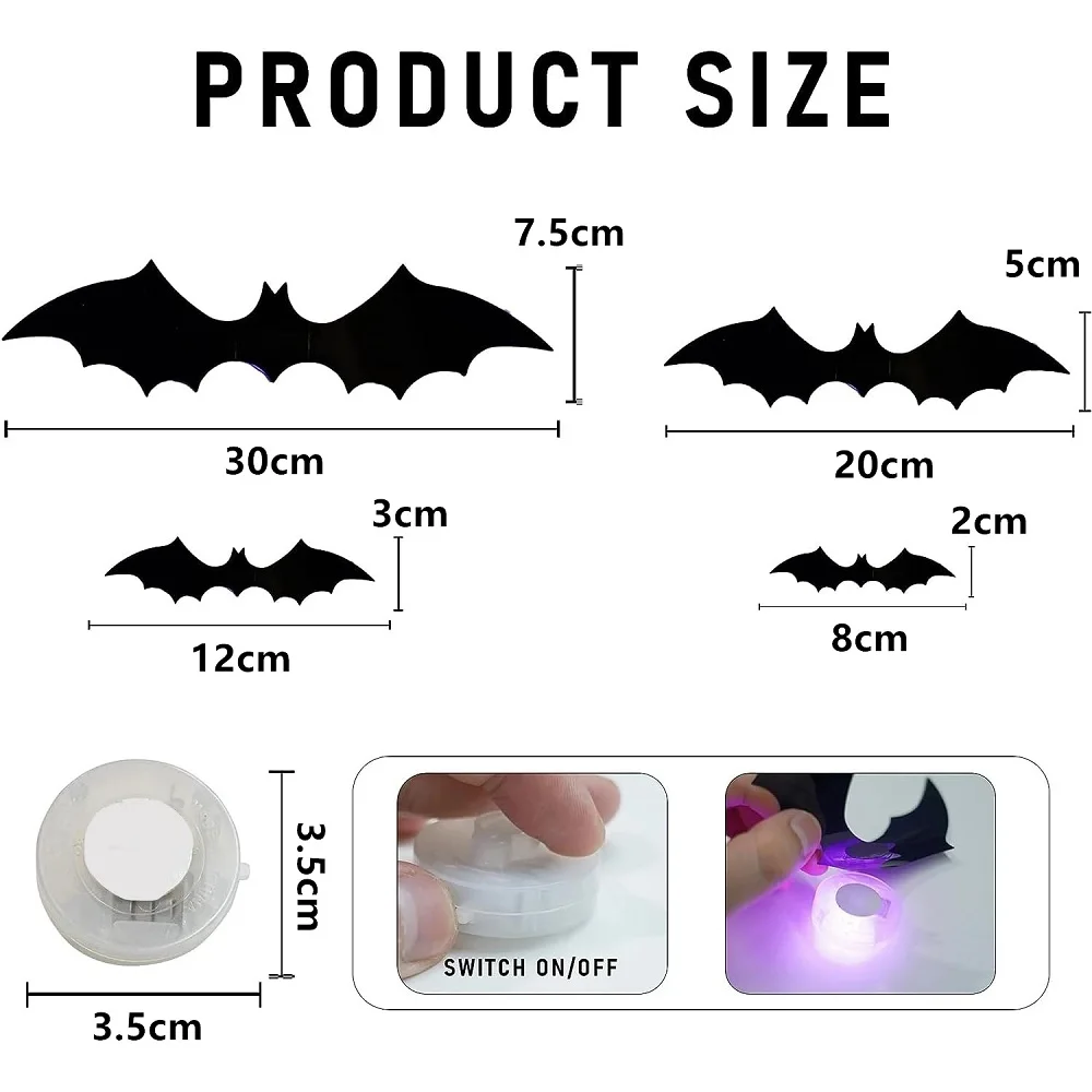 Bat dimension chart with four illustrated sizes, a round LED unit, and an on/off switch