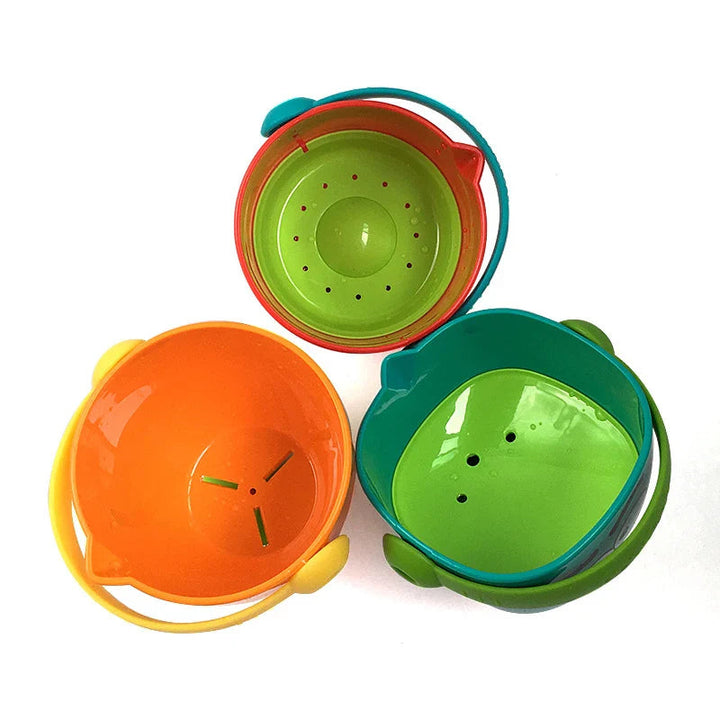 Top view of three bath buckets showing different drainage openings inside.