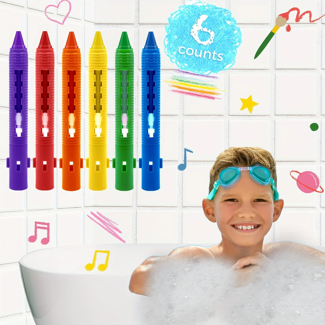 Six colored bath crayons above a child sitting in a bubble-filled bathtub.