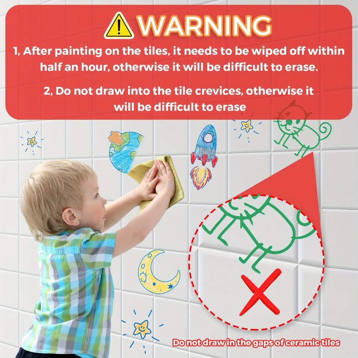 Bath crayon care instructions with a child wiping tiles and a close-up of tile gaps.