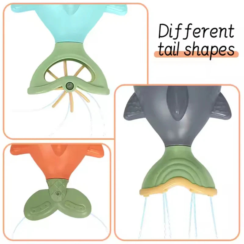 Close-ups of three fish tail designs with different water-sprinkling patterns