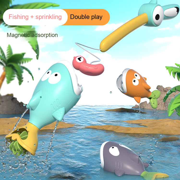 Magnetic rod lifting a turquoise fish above water with orange and purple fish nearby
