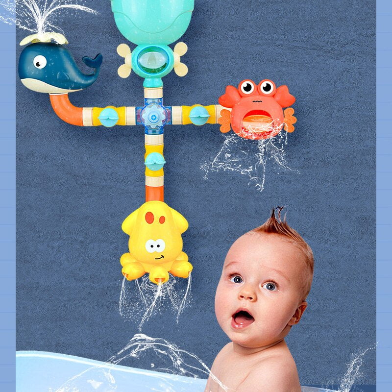 Animal bath fountain spraying water above a bathtub beside a child