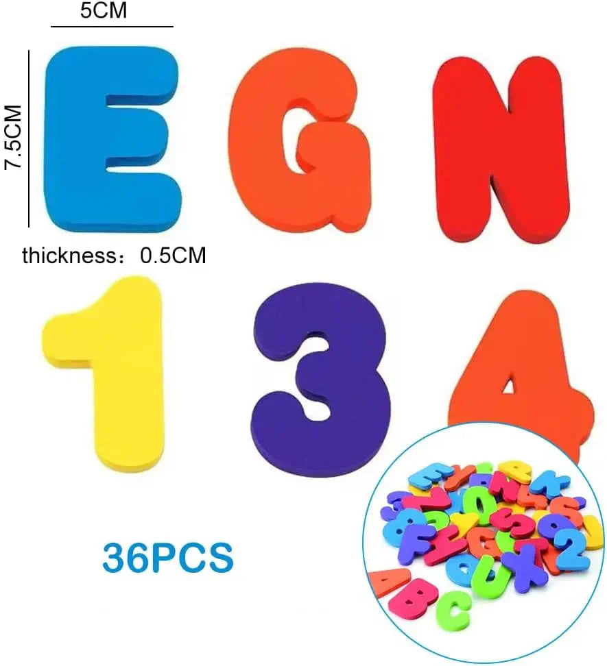 Bath letter size chart showing 5 cm width, 7.5 cm height, 0.5 cm thickness, and a 36-piece set