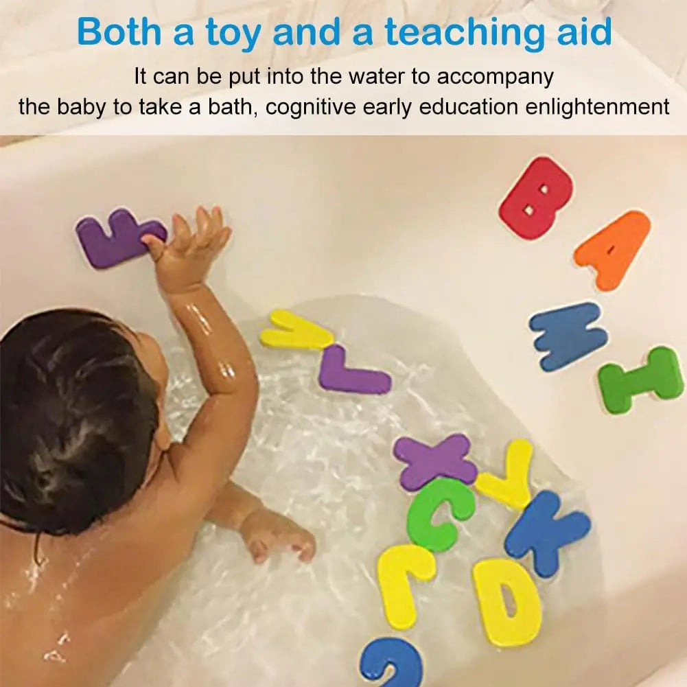 Child playing in a tub with colorful letter pieces along the sides